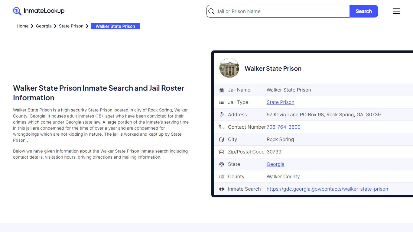 Walker State Prison Inmate Search and Jail Roster Information